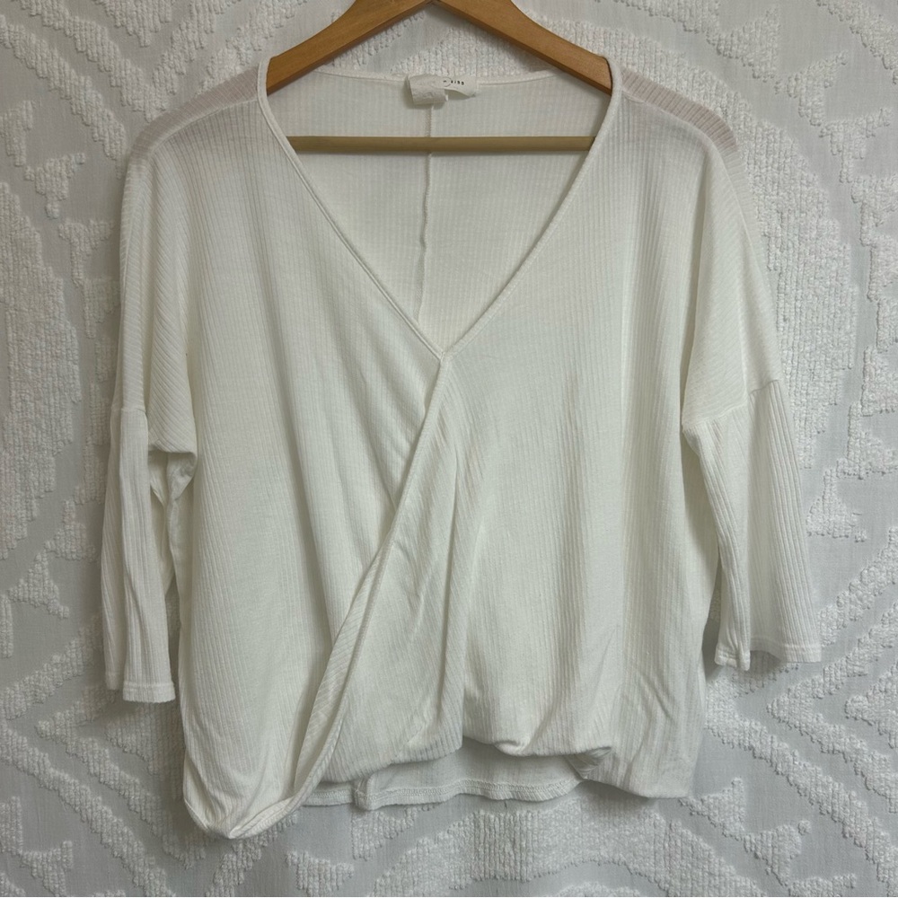 3/4 Dolman Sleeve Ribbed Jersey Surplice Top White